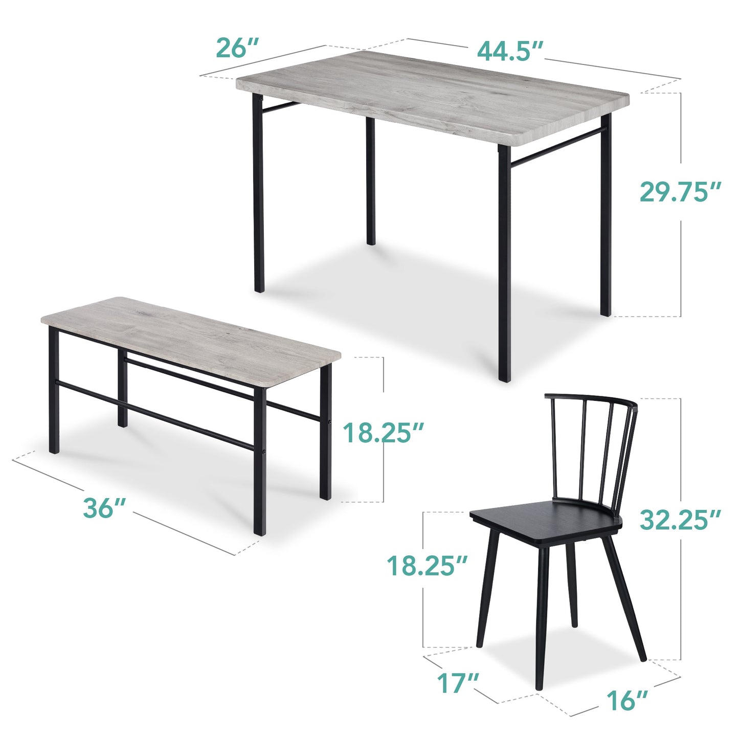 4-Piece Farmhouse Dining Table Set w/ 2 Black Spindle Chairs, Bench, Table