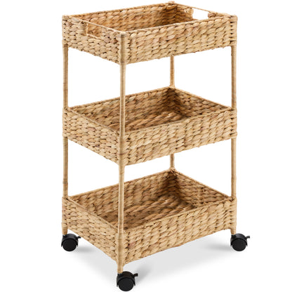 3-Tier Water Hyacinth Rolling Utility Cart w/ Weaved Baskets  Natural
