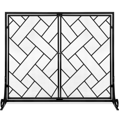 2-Panel Wrought Iron Geometric Fireplace Screen w/ Magnetic Doors - 44x33in