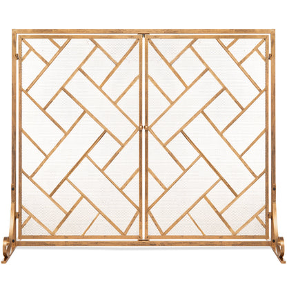 2-Panel Wrought Iron Geometric Fireplace Screen w/ Magnetic Doors - 44x33in