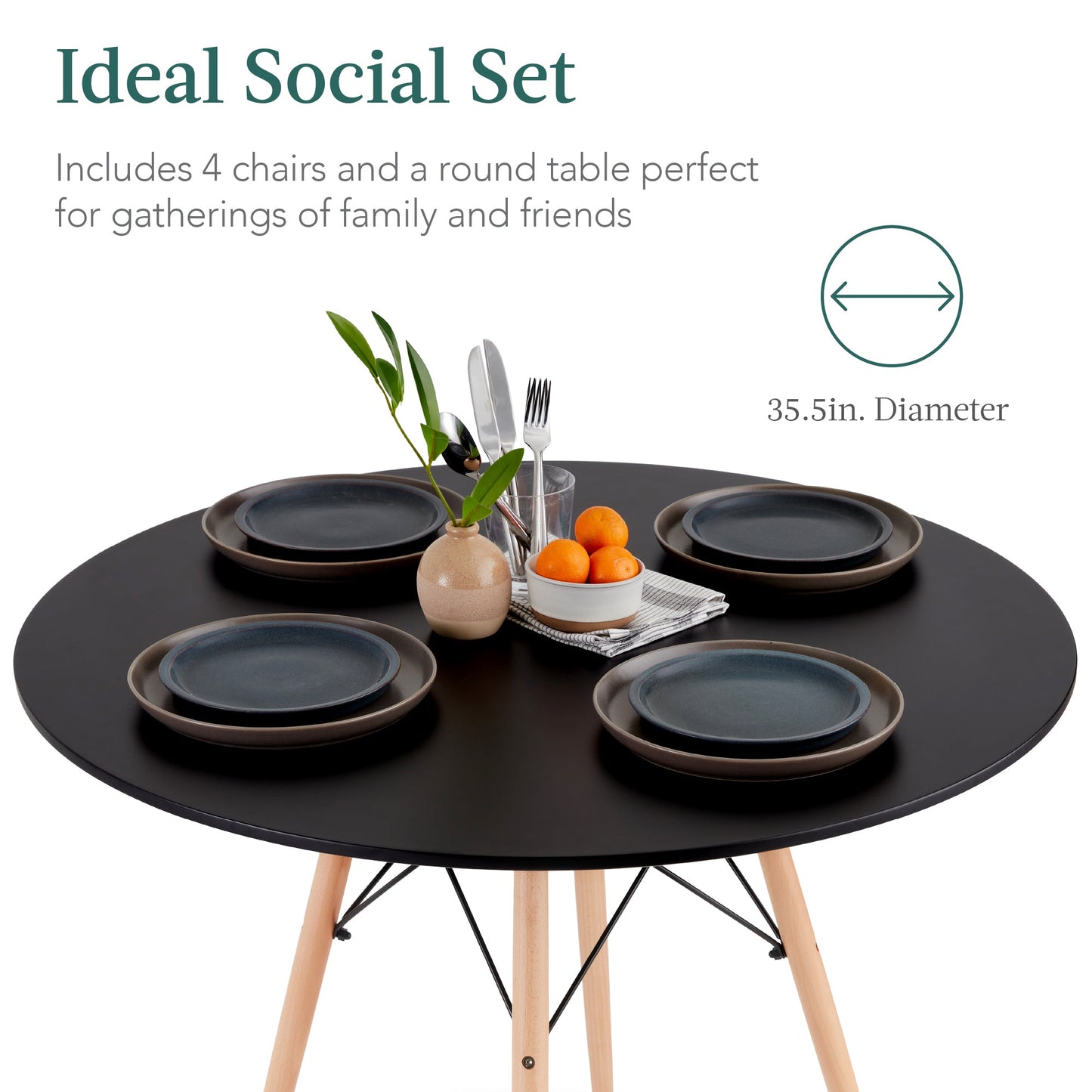 5-Piece Mid-Century Modern Dining Set w/ 4 Chairs, Wooden Legs, Metal Frame