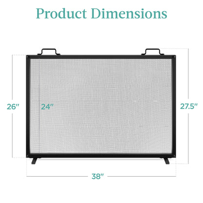Single Panel Handcrafted Steel Mesh Fireplace Screen w/ Handles - 38x27in