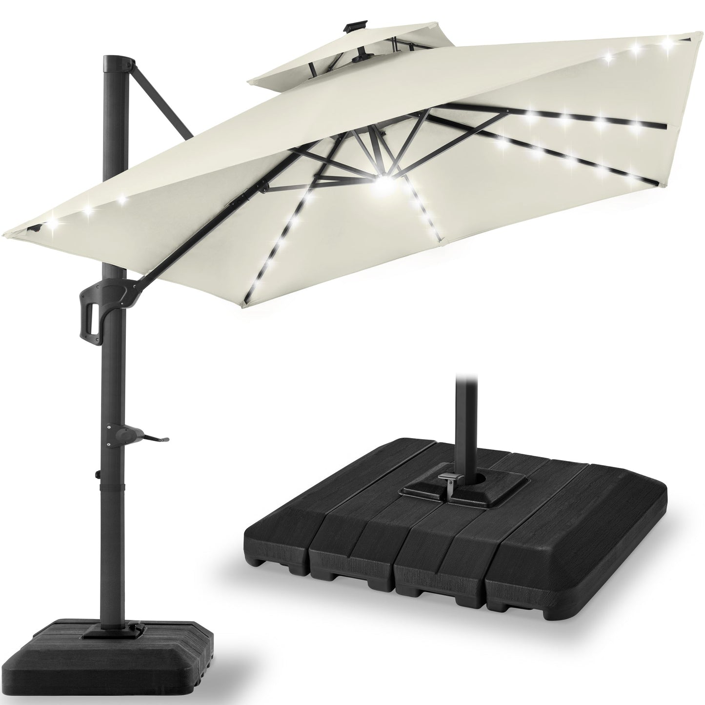 2-Tier Square LED Cantilever Offset Umbrella w/ 360 Rotation, Base - 10x10ft