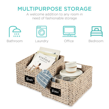 Set of 2 Water Hyacinth Pantry Baskets w/ Chalkboard, Marker - 16in