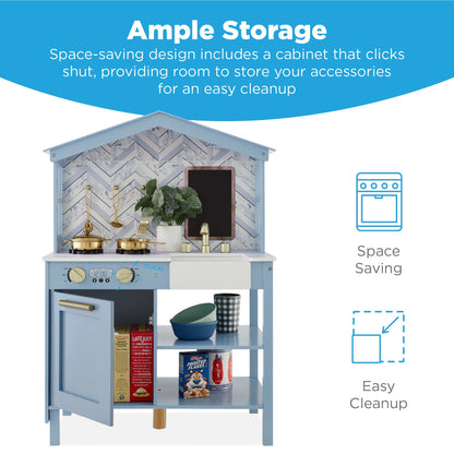 Pretend Play Wooden Farmhouse Kitchen Set w/ Storage, 5 Accessories