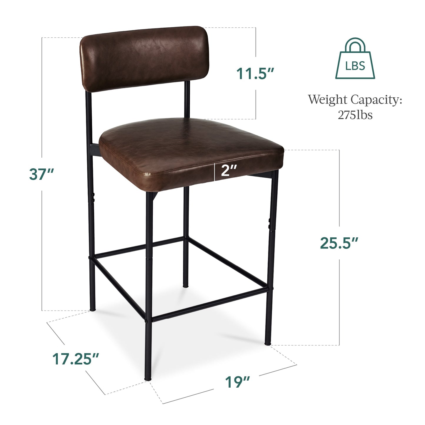 Set of 2 Armless Counter Height Bar Stools, Modern PU Faux Leather Stools