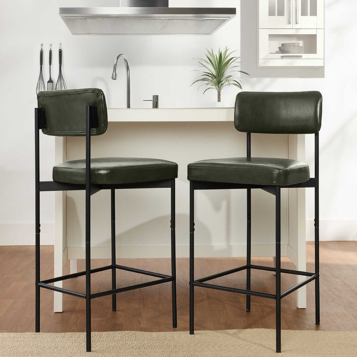 Set of 2 Armless Counter Height Bar Stools, Modern PU Faux Leather Stools