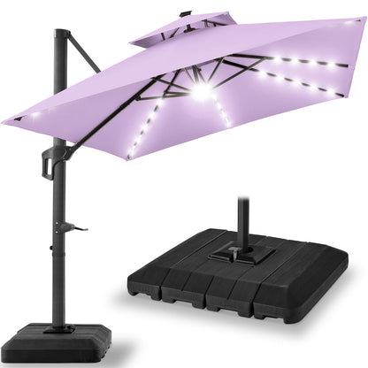 2-Tier Square LED Cantilever Offset Umbrella w/ 360 Rotation, Base - 10x10ft