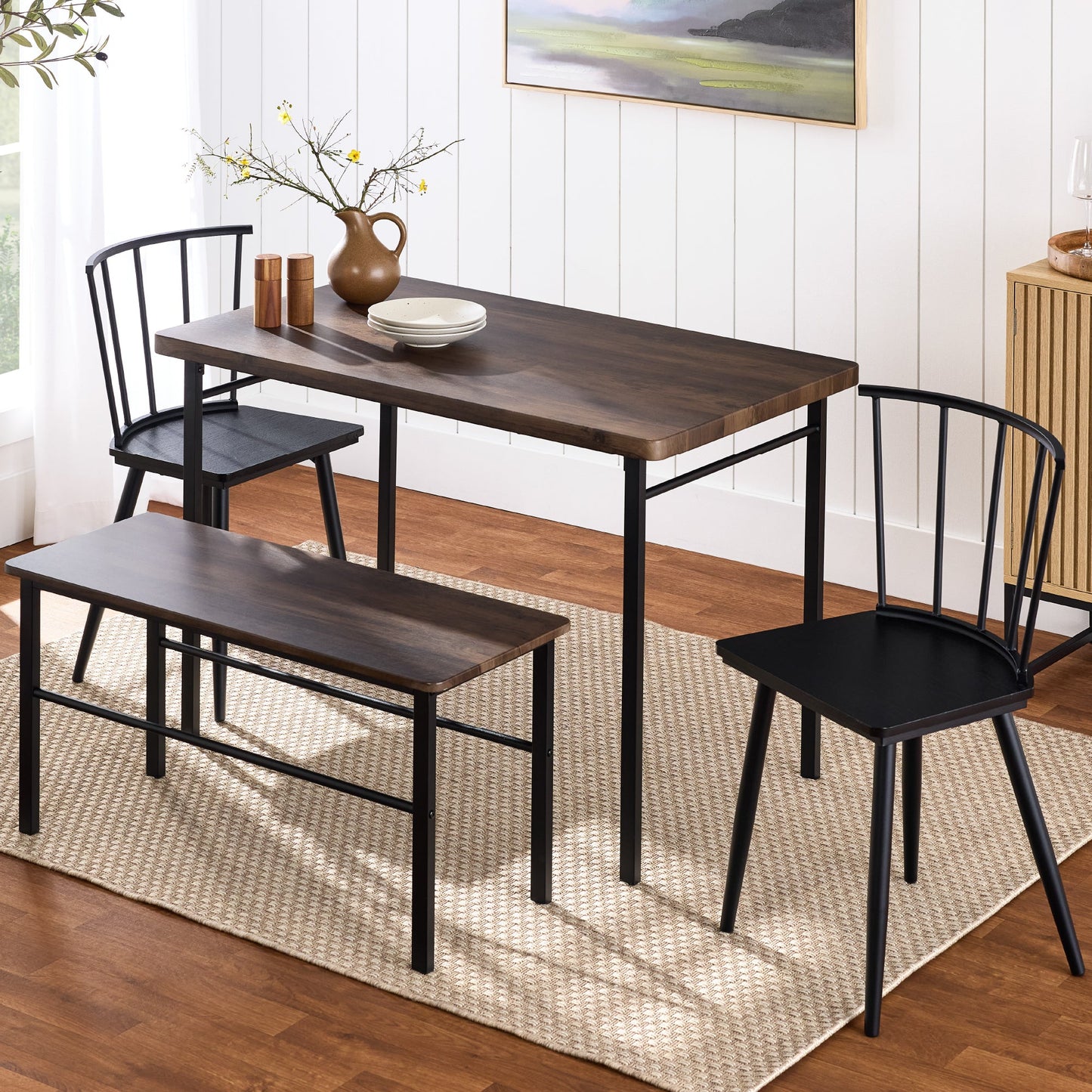 4-Piece Farmhouse Dining Table Set w/ 2 Black Spindle Chairs, Bench, Table