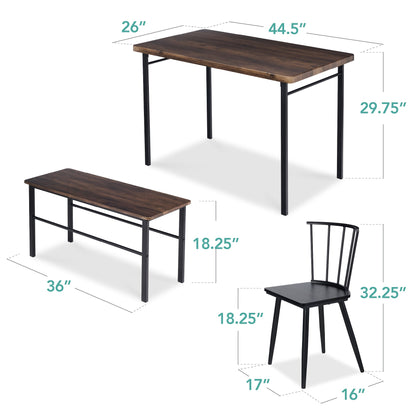 4-Piece Farmhouse Dining Table Set w/ 2 Black Spindle Chairs, Bench, Table