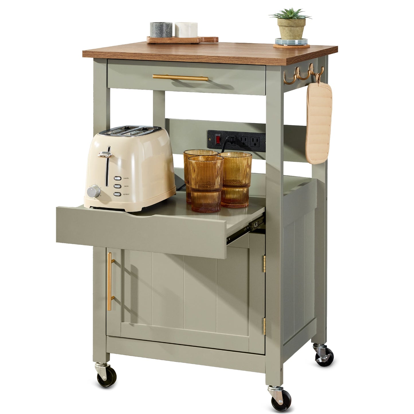 Rolling Kitchen Island Cart, Cabinet W/ Drawer, Sliding Tray, Outlet, Wheels