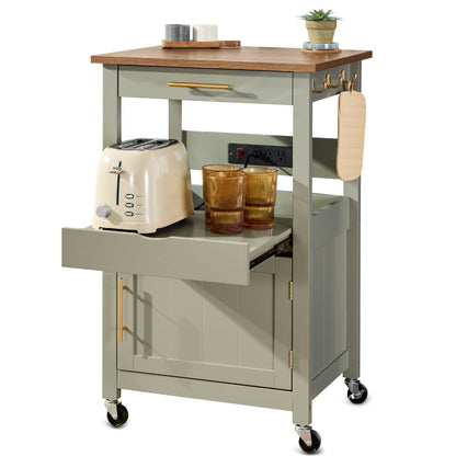 Rolling Kitchen Island Cart, Cabinet W/ Drawer, Sliding Tray, Outlet, Wheels