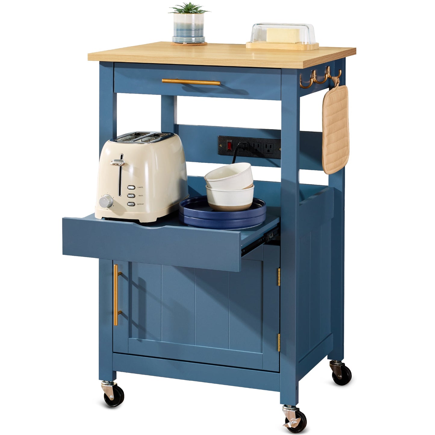 Rolling Kitchen Island Cart, Cabinet W/ Drawer, Sliding Tray, Outlet, Wheels
