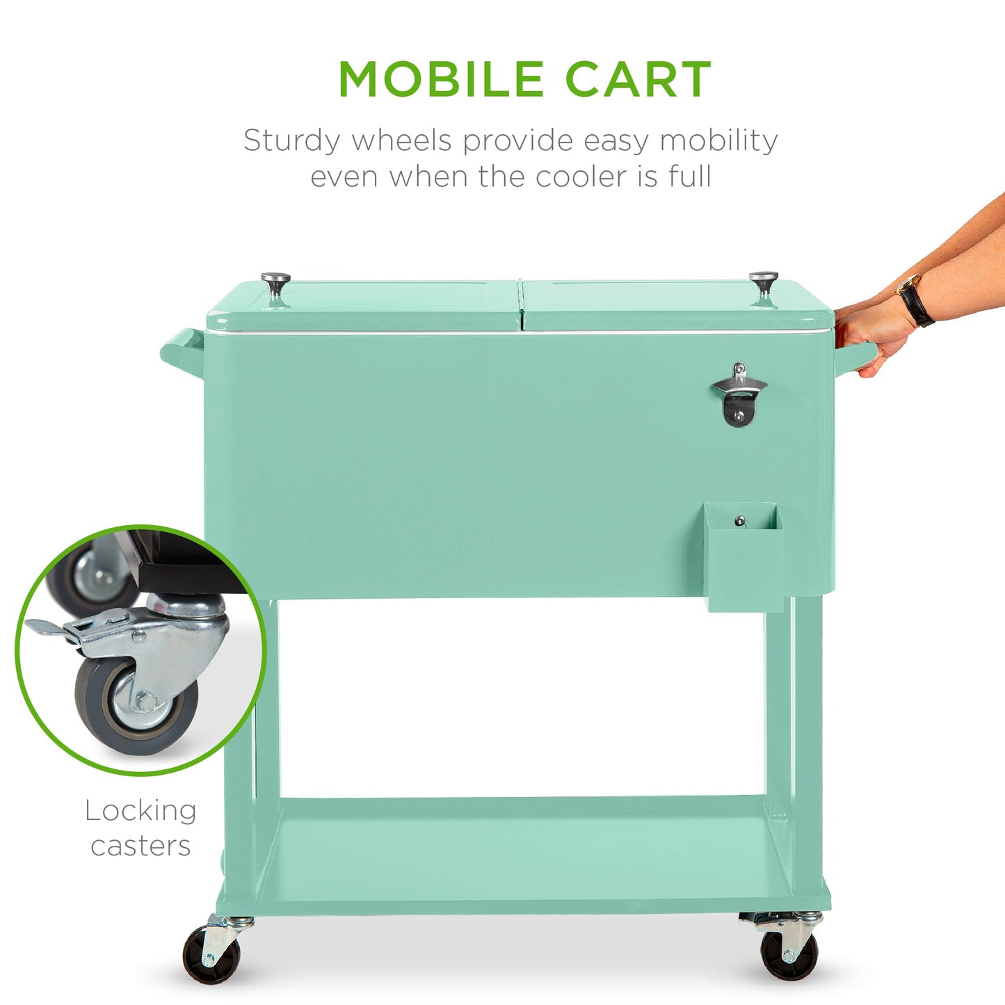 Portable Rolling Cooler Cart w/ Bottle Opener, Catch Tray - 80qt