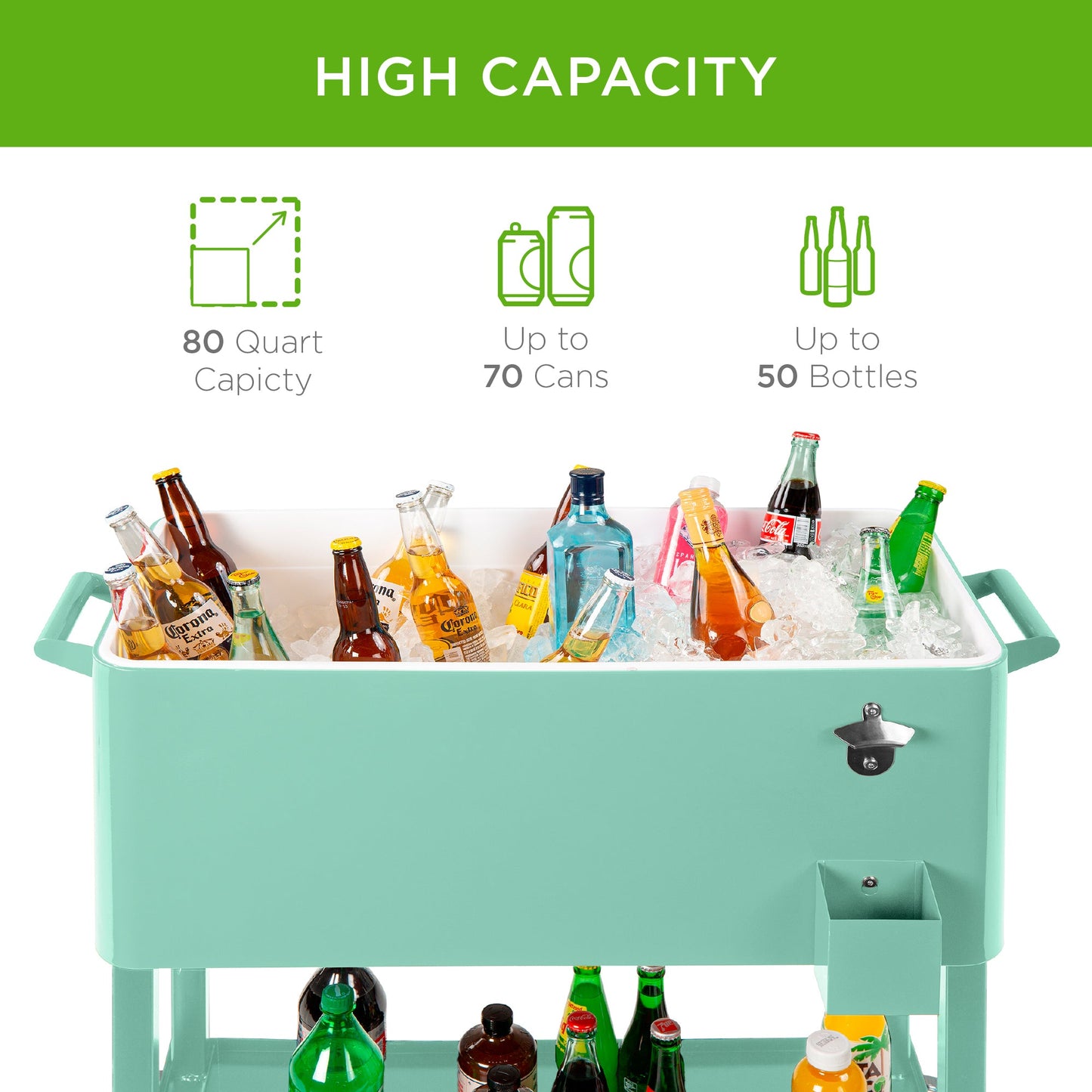 Portable Rolling Cooler Cart w/ Bottle Opener, Catch Tray - 80qt