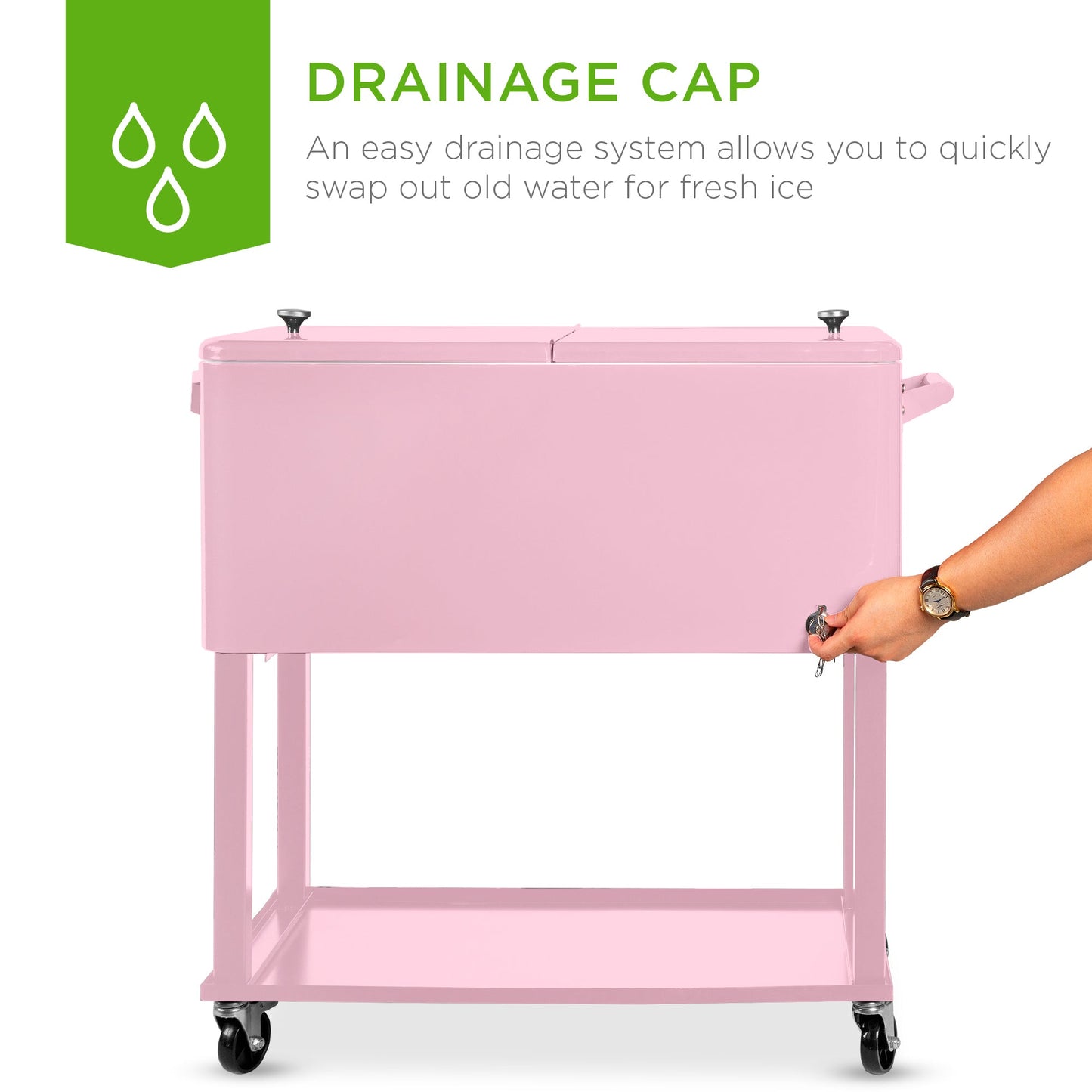 Portable Rolling Cooler Cart w/ Bottle Opener, Catch Tray - 80qt