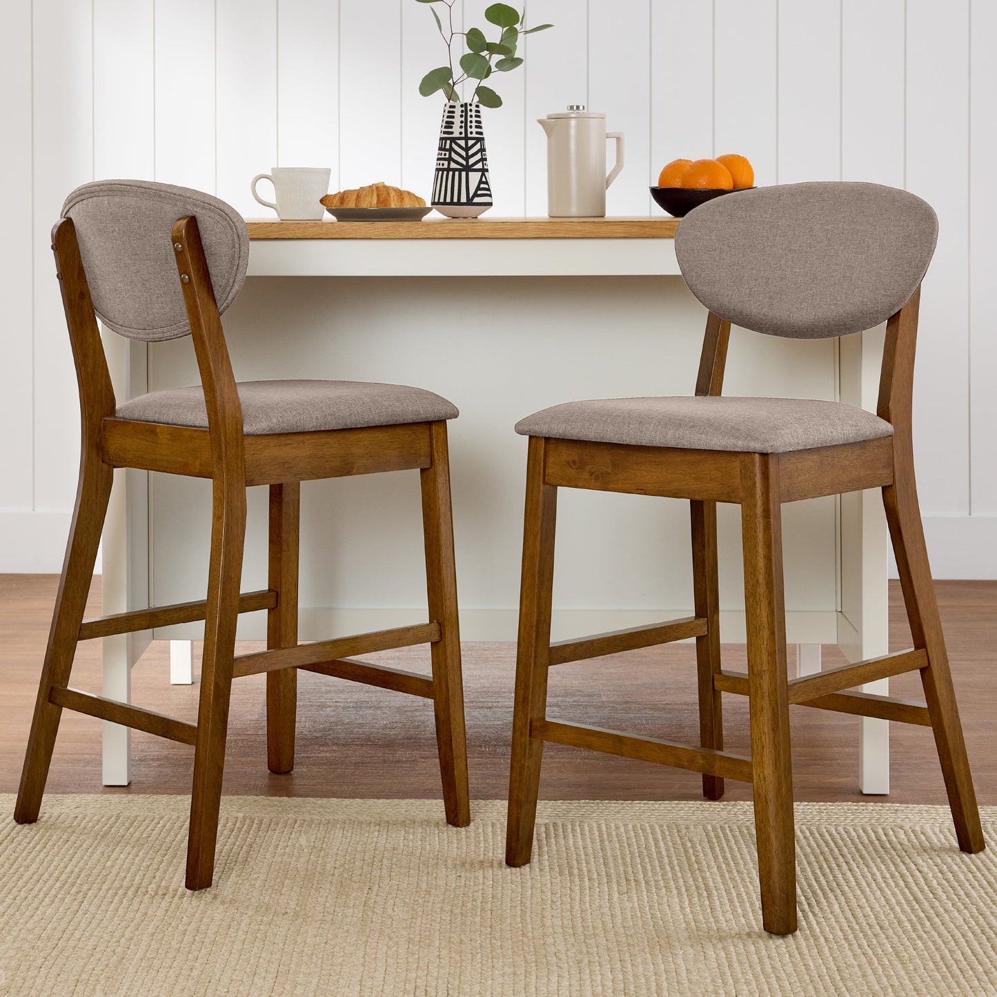2-Piece Mid-Century Modern Wood & Upholstered Counter Height Bar Stool Set