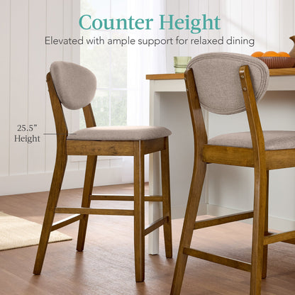 2-Piece Mid-Century Modern Wood & Upholstered Counter Height Bar Stool Set