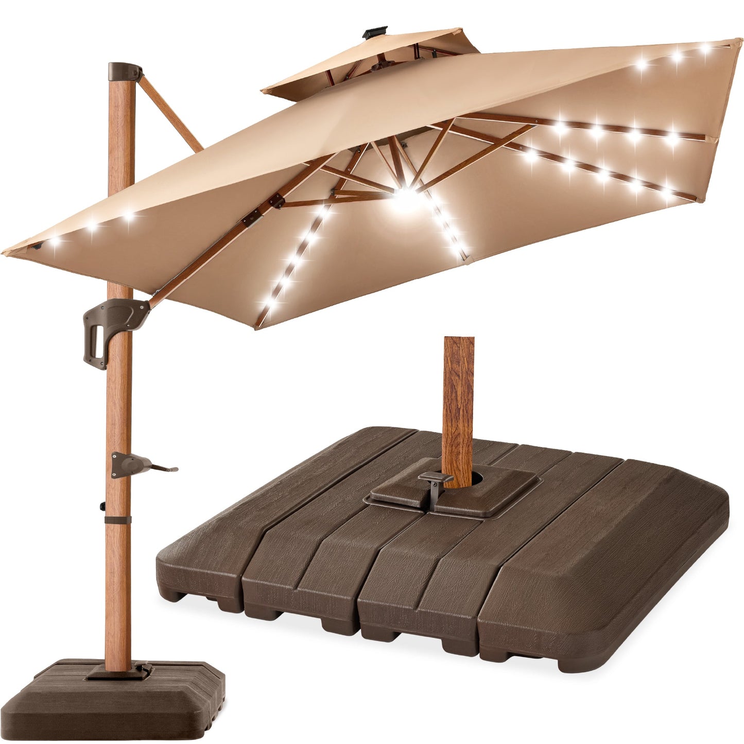 Woodgrain Pattern 2-Tier Outdoor Solar LED Cantilever Umbrella - 10x10ft