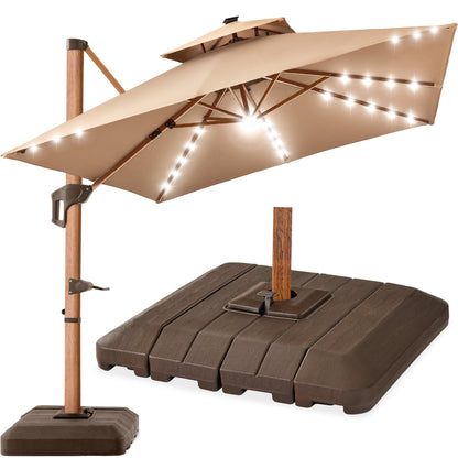 Woodgrain Pattern 2-Tier Outdoor Solar LED Cantilever Umbrella - 10x10ft