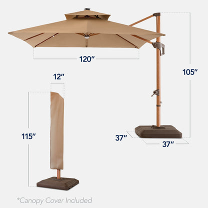 Woodgrain Pattern 2-Tier Outdoor Solar LED Cantilever Umbrella - 10x10ft
