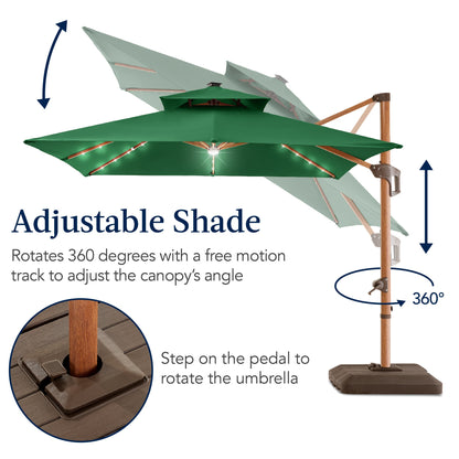 Woodgrain Pattern 2-Tier Outdoor Solar LED Cantilever Umbrella - 10x10ft