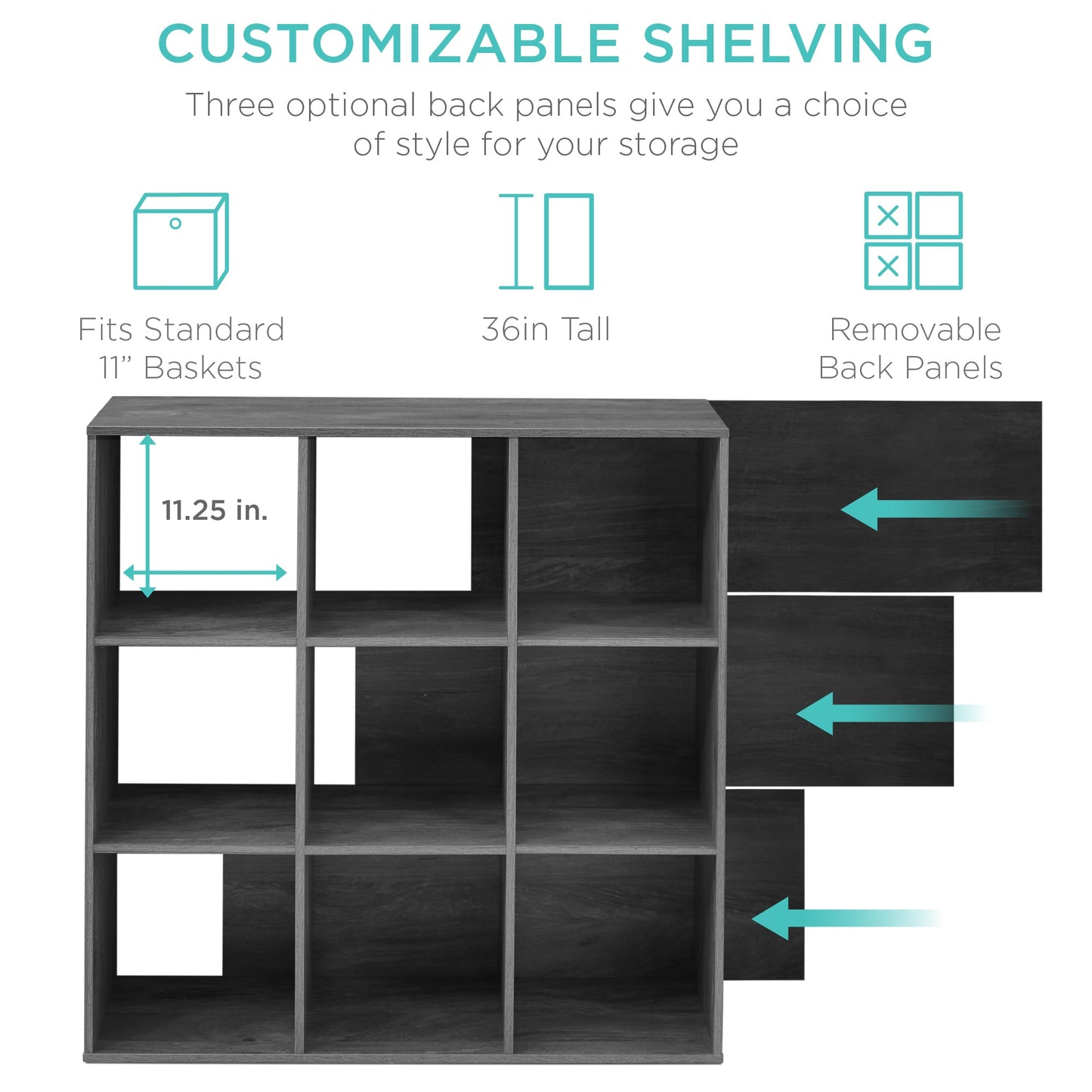 9-Cube Bookshelf Storage Display w/ 3 Removable Panels, Customizable Design