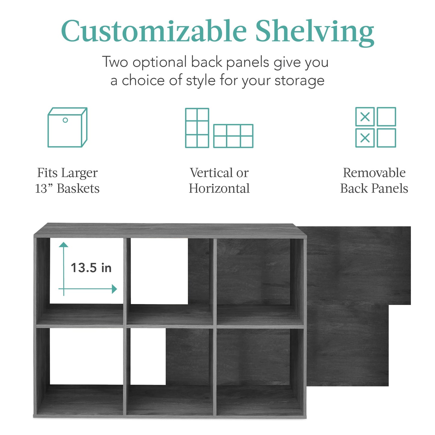 6-Cube Bookshelf, 13.5in Storage Display w/ Removable Panels, Customizable
