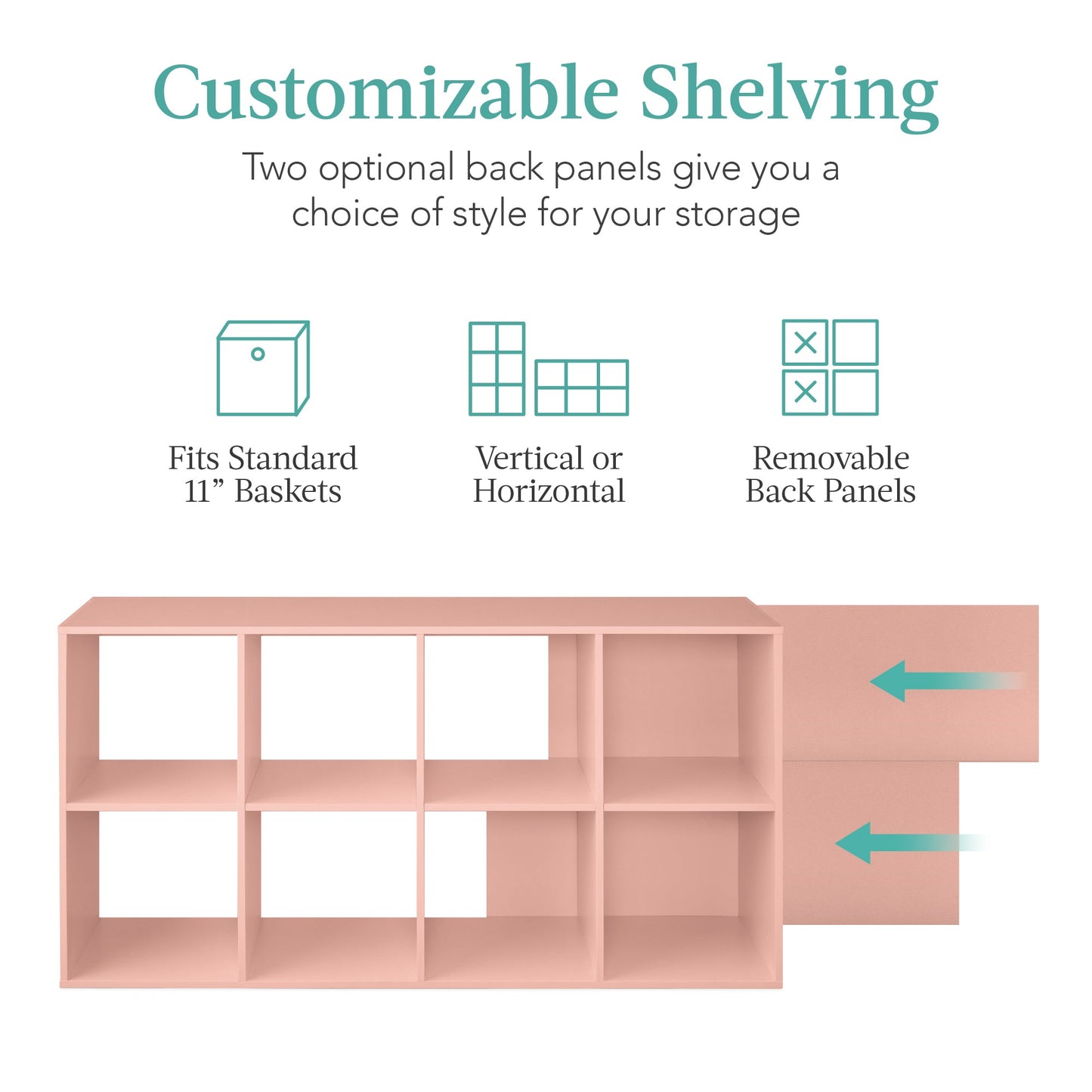 8-Cube Bookshelf, 11in Storage Display w/ Removable Panels, Customizable