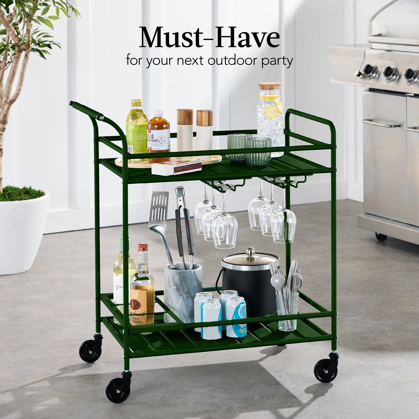 2-Tier Rolling Bar Cart Indoor/Outdoor w/ Shelves, Wine Rack, Locking Wheels
