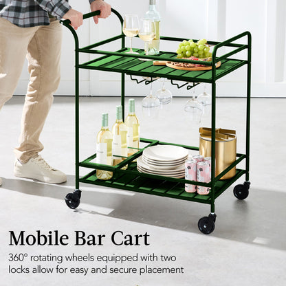 2-Tier Rolling Bar Cart Indoor/Outdoor w/ Shelves, Wine Rack, Locking Wheels