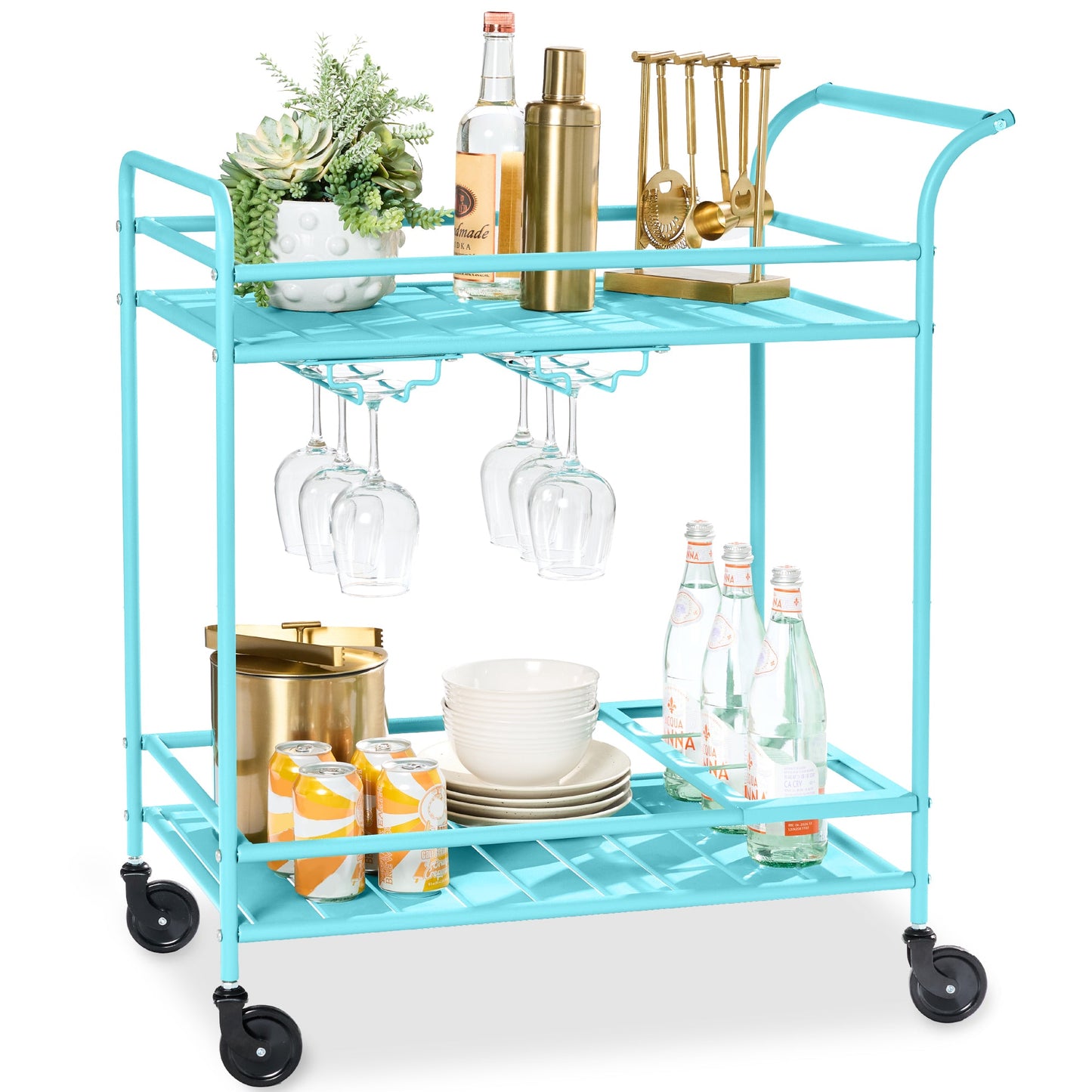 2-Tier Rolling Bar Cart Indoor/Outdoor w/ Shelves, Wine Rack, Locking Wheels