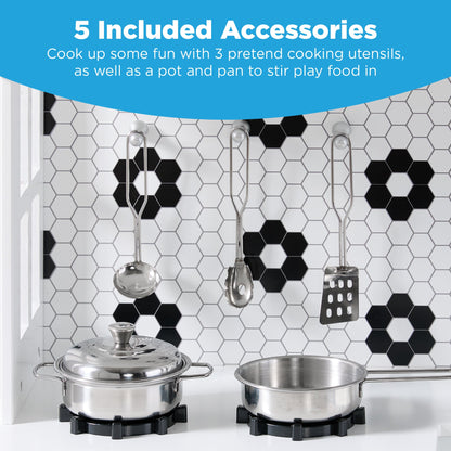 Pretend Play Wooden Farmhouse Kitchen Set w/ Storage, 5 Accessories