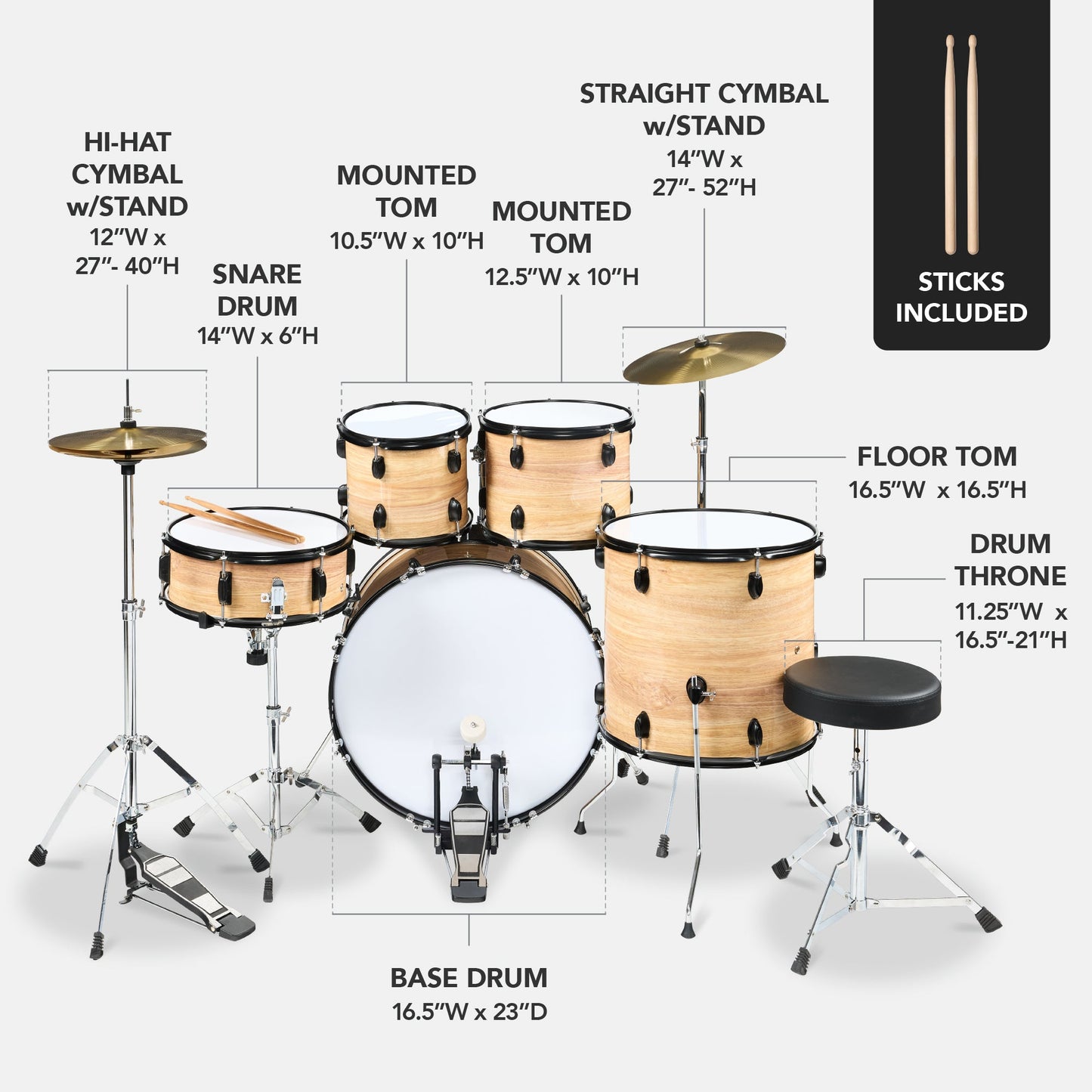 5-Piece Full Size Drum Set For Adults