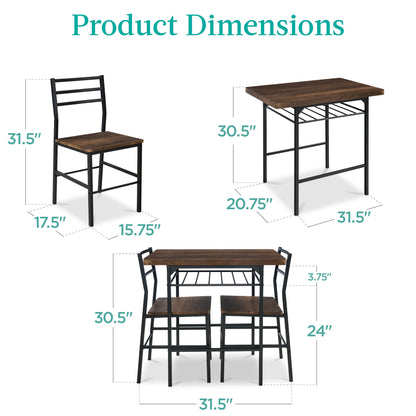 3-Piece Modern Square Dining Set w/ Storage Rack