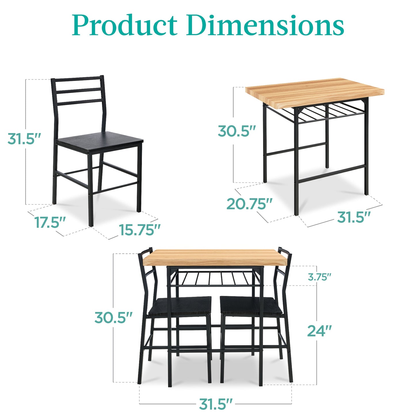 3-Piece Modern Square Dining Set w/ Storage Rack