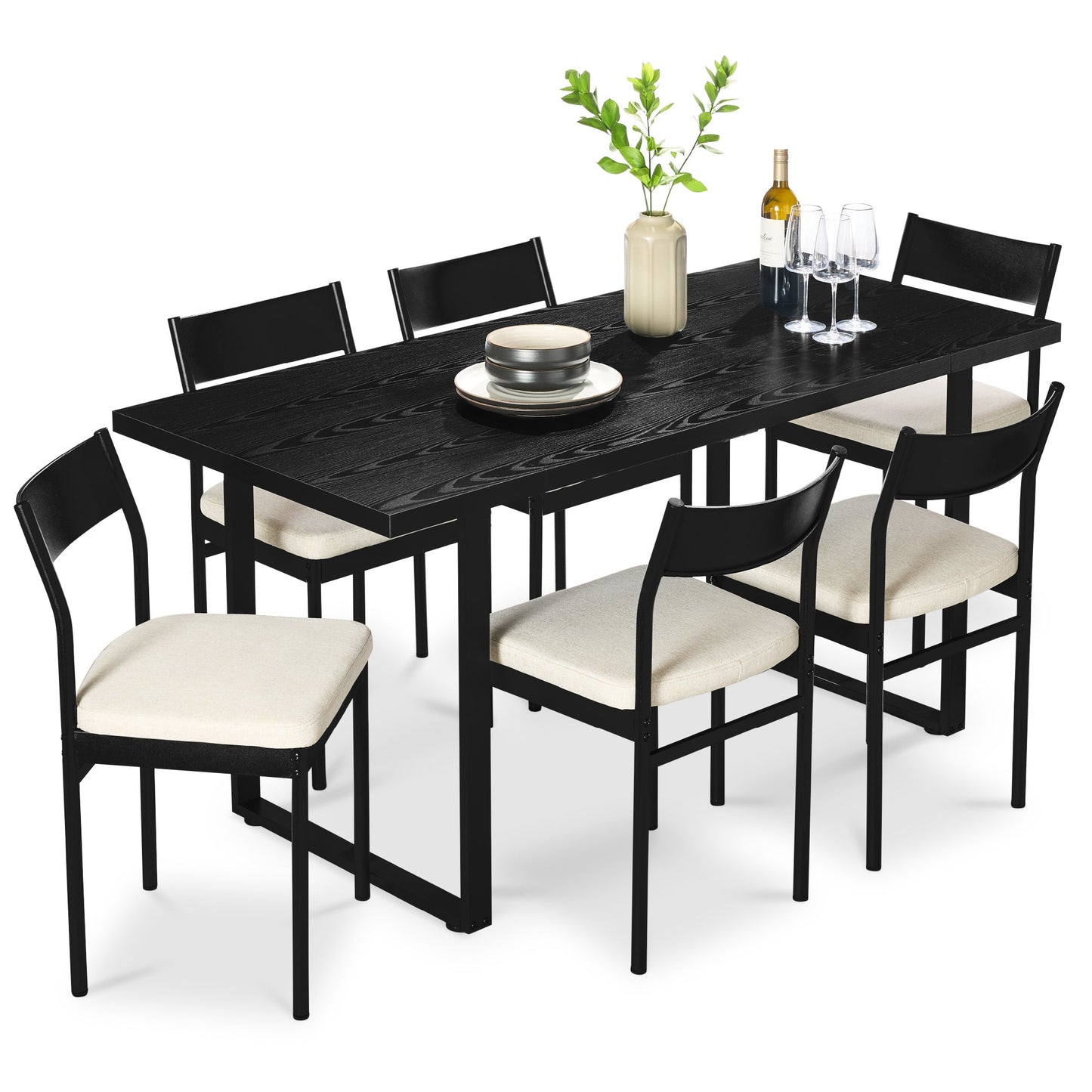 7-Piece Modern Dining Set, Kitchen Table w/ 6 Chairs, Metal Frame