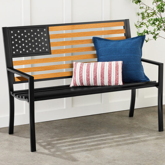 Indoor Outdoor Steel Bench w/ American Flag Backrest, 790lb Capacity