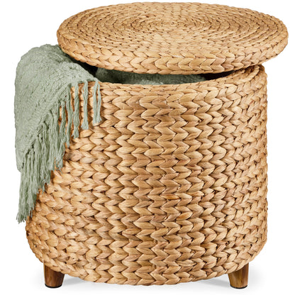 17" Round Storage Ottoman with Lid, Handwoven Water Hyacinth Footstool