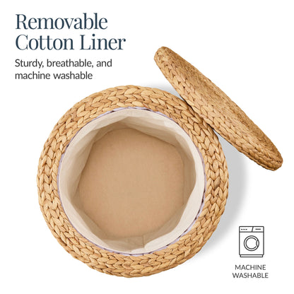 17" Round Storage Ottoman with Lid, Handwoven Water Hyacinth Footstool