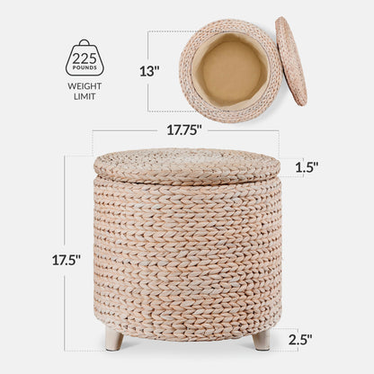 17" Round Storage Ottoman with Lid, Handwoven Water Hyacinth Footstool