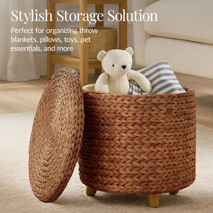 17" Round Storage Ottoman with Lid, Handwoven Water Hyacinth Footstool
